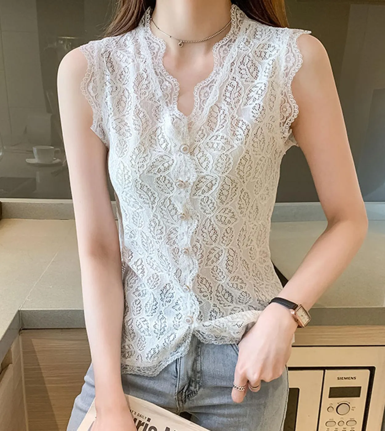 Camicetta in maglia di pizzo ricamato estivo Elegante camicia a maniche lunghe con scollo a V Slim da donna Elegante camicia flo