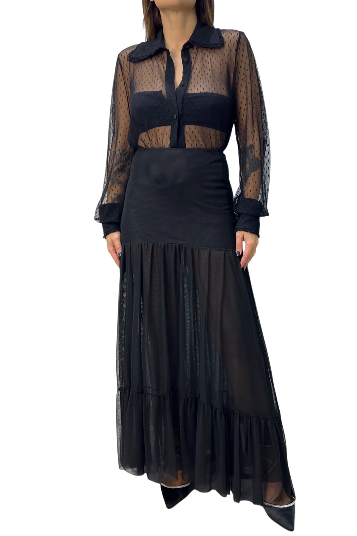 Camicia donna tessuto micro rete trasparente con collo con rouches manica ampia con polsino