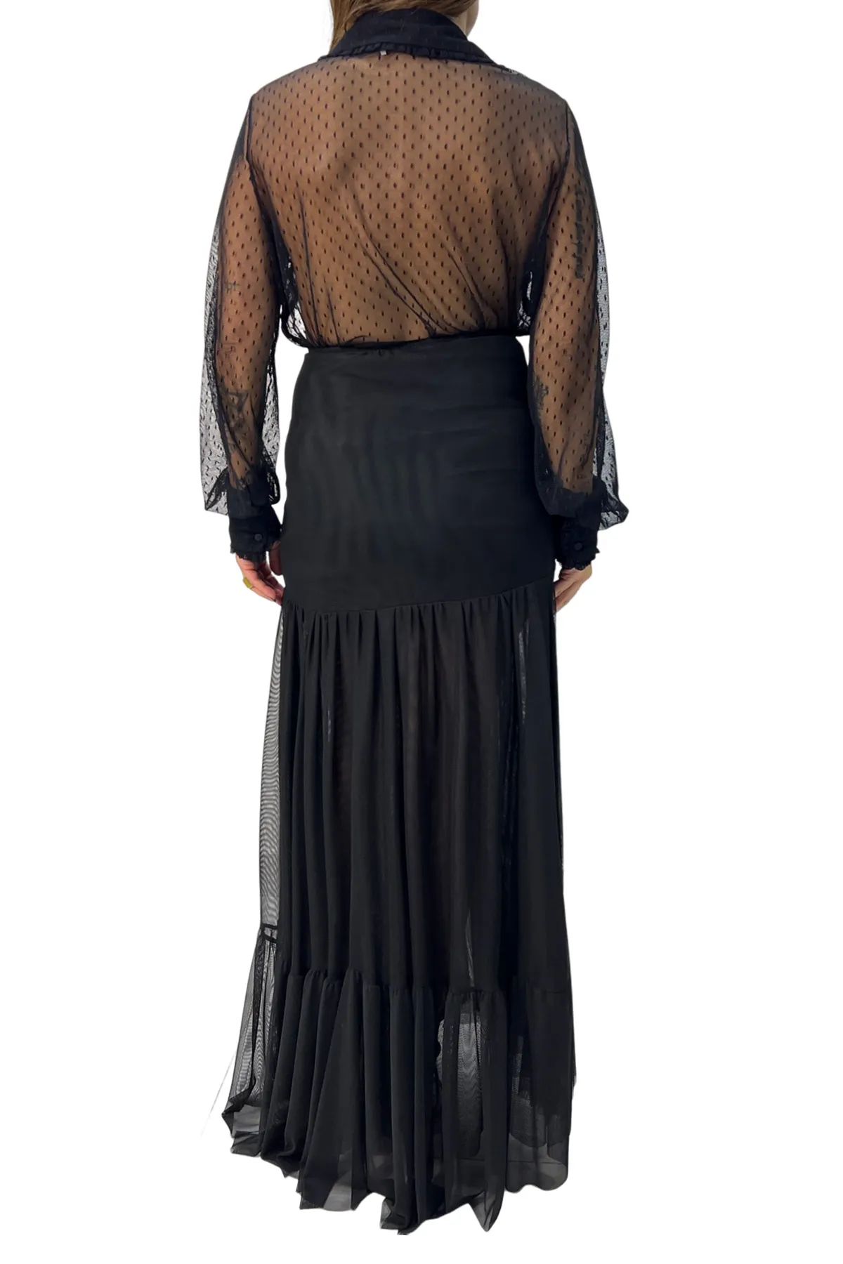 Camicia donna tessuto micro rete trasparente con collo con rouches manica ampia con polsino