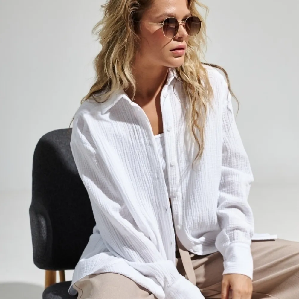 Camicia in crêpe di puro cotone e camicia polo elegante e confortevole temperamento allentato da donna della nuova estate 2024