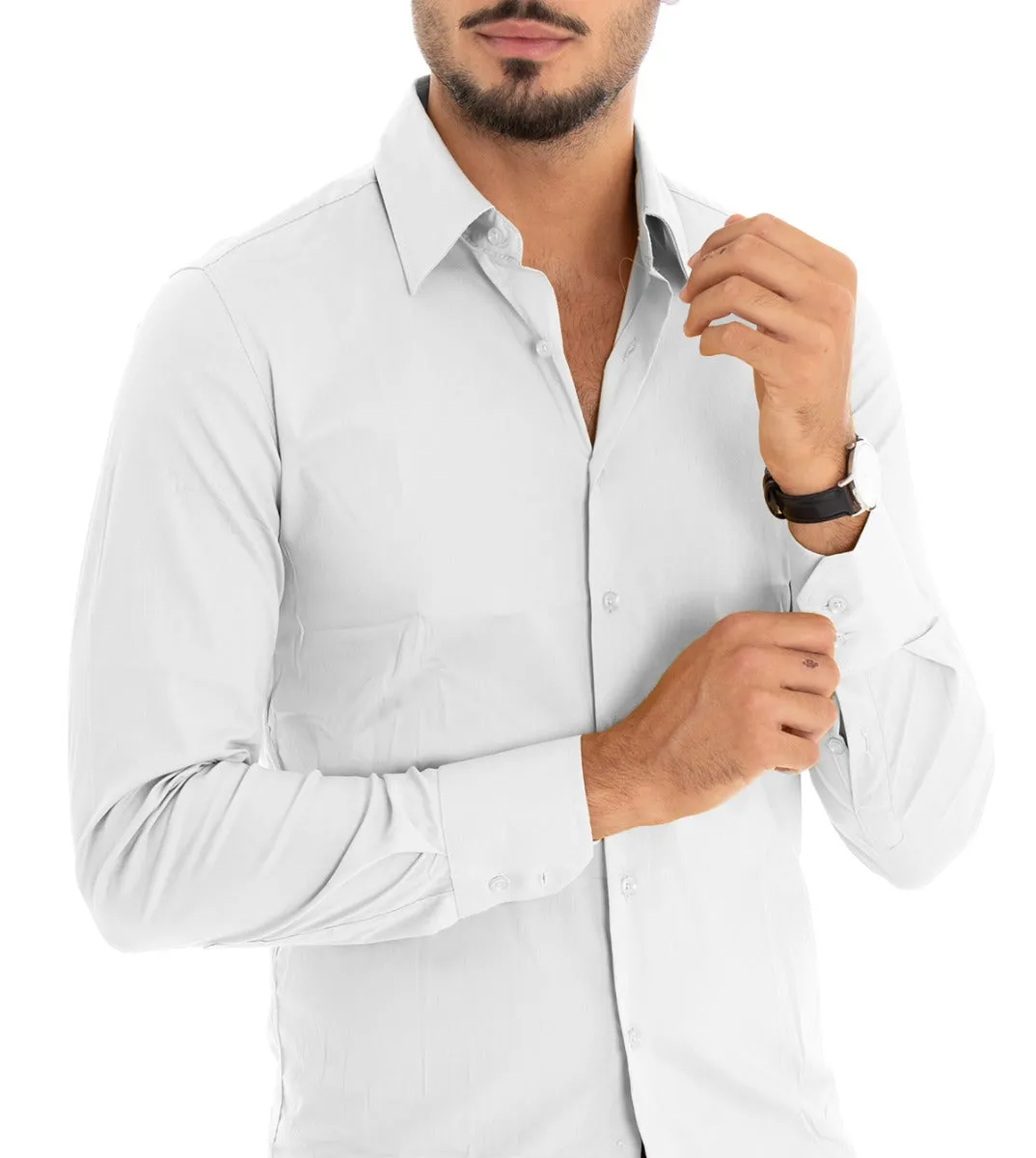 Camicia Uomo Con Colletto Manica Lunga Slim Fit Basic Casual Cotone Bianco GIOSAL-C1811A