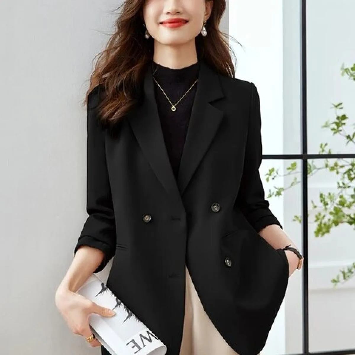 Cappotto blazer da donna autunno inverno moda donna rosa caffè nero manica lunga doppio petto giacca casual allentata