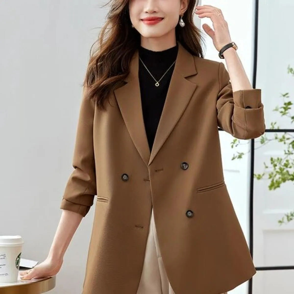 Cappotto blazer da donna autunno inverno moda donna rosa caffè nero manica lunga doppio petto giacca casual allentata