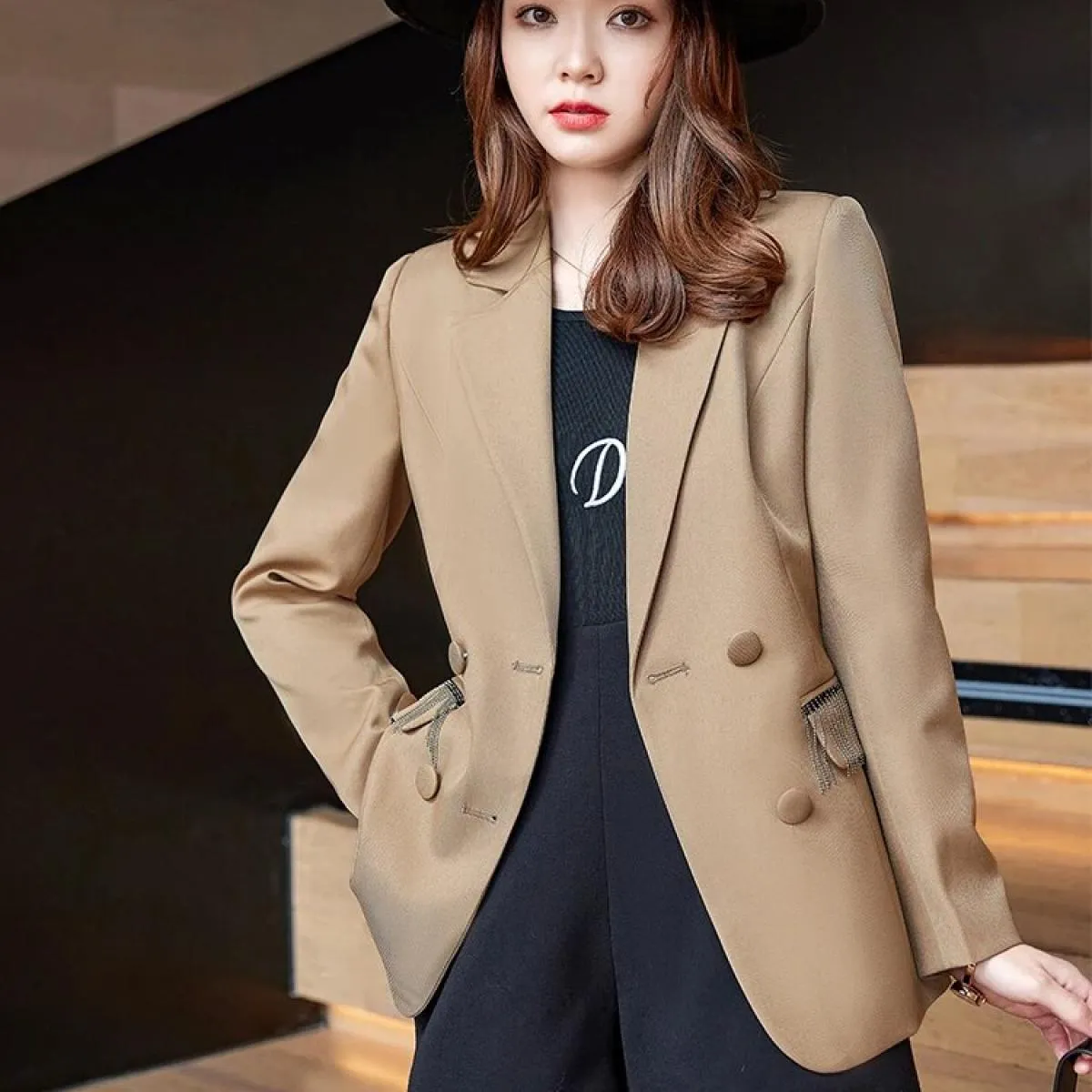 Cappotto blazer da donna nero rosa marrone albicocca Blazer da giacca formale doppiopetto a maniche lunghe da donna primavera au