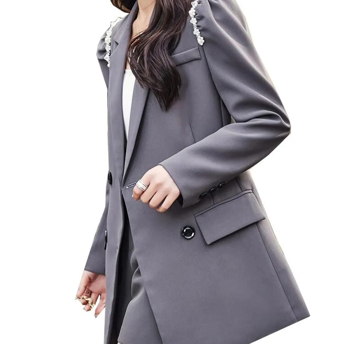 Cappotto da giacca allentato doppio petto a maniche lunghe femminile grigio nero solido da donna alla moda