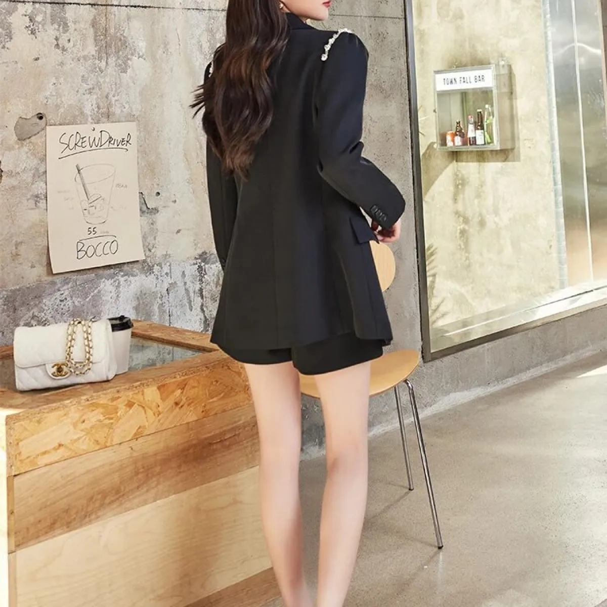 Cappotto da giacca allentato doppio petto a maniche lunghe femminile grigio nero solido da donna alla moda