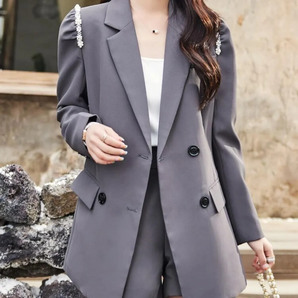 Cappotto da giacca allentato doppio petto a maniche lunghe femminile grigio nero solido da donna alla moda