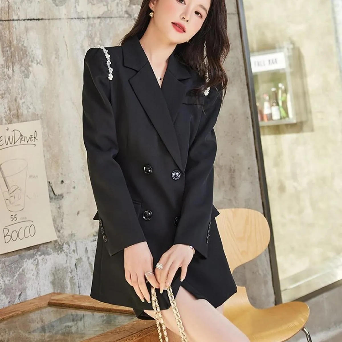 Cappotto da giacca allentato doppio petto a maniche lunghe femminile grigio nero solido da donna alla moda