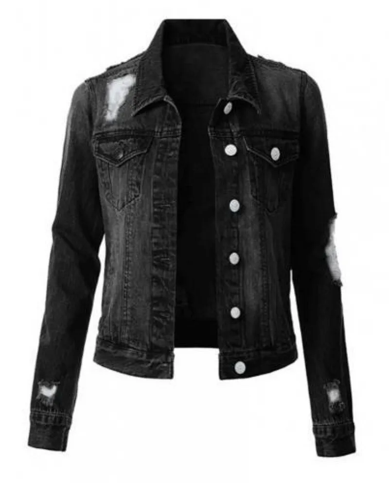 Cappotto per giacca di jeans da donna alla moda in tinta unita con fori strappati Autunno Inverno