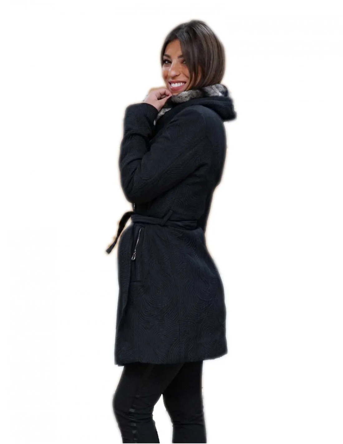 cappotto piumino con pelliccia di rex 44 nero e bianco doppio petto 