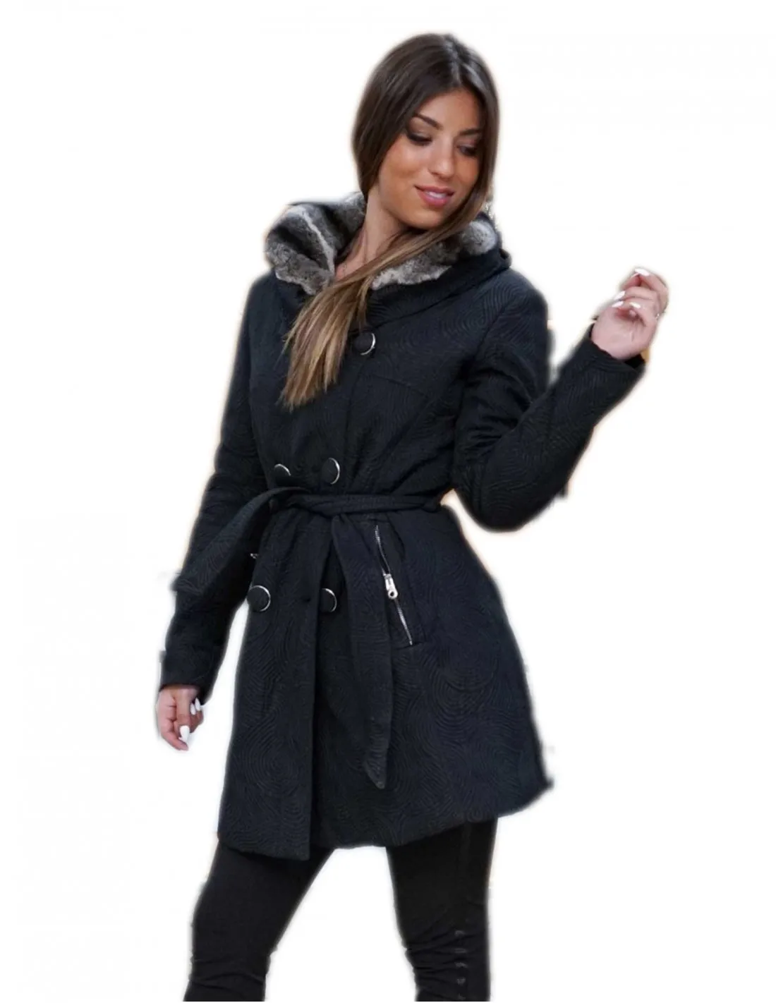 cappotto piumino con pelliccia di rex 44 nero e bianco doppio petto 