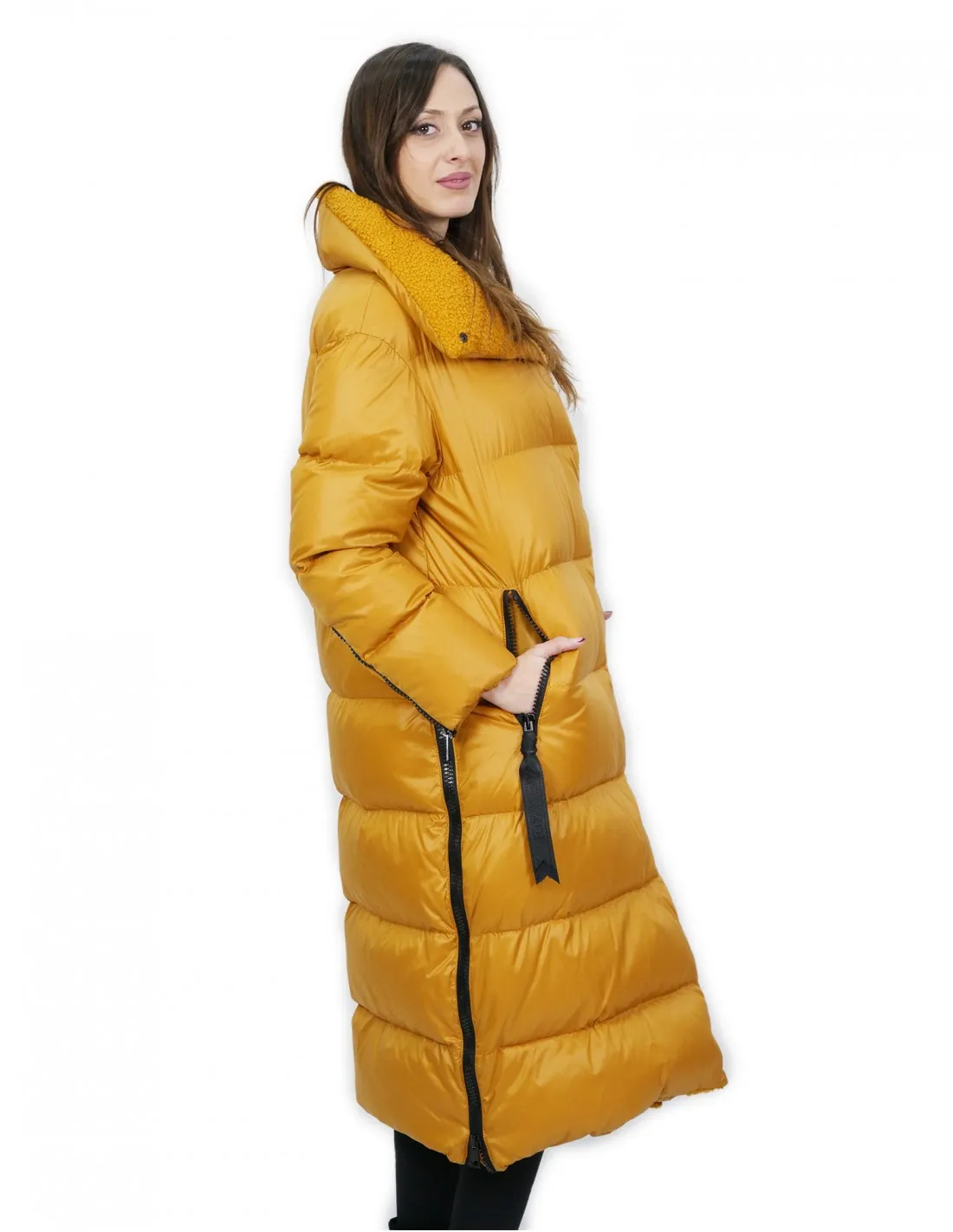 Cappotto piumino d'oca 42 giallo lungo 112 centimetri morbido elegante 