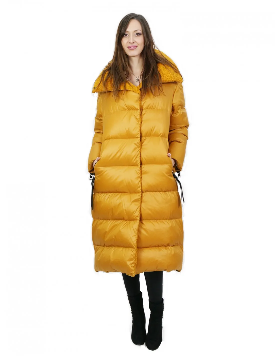 Cappotto piumino d'oca 42 giallo lungo 112 centimetri morbido elegante 