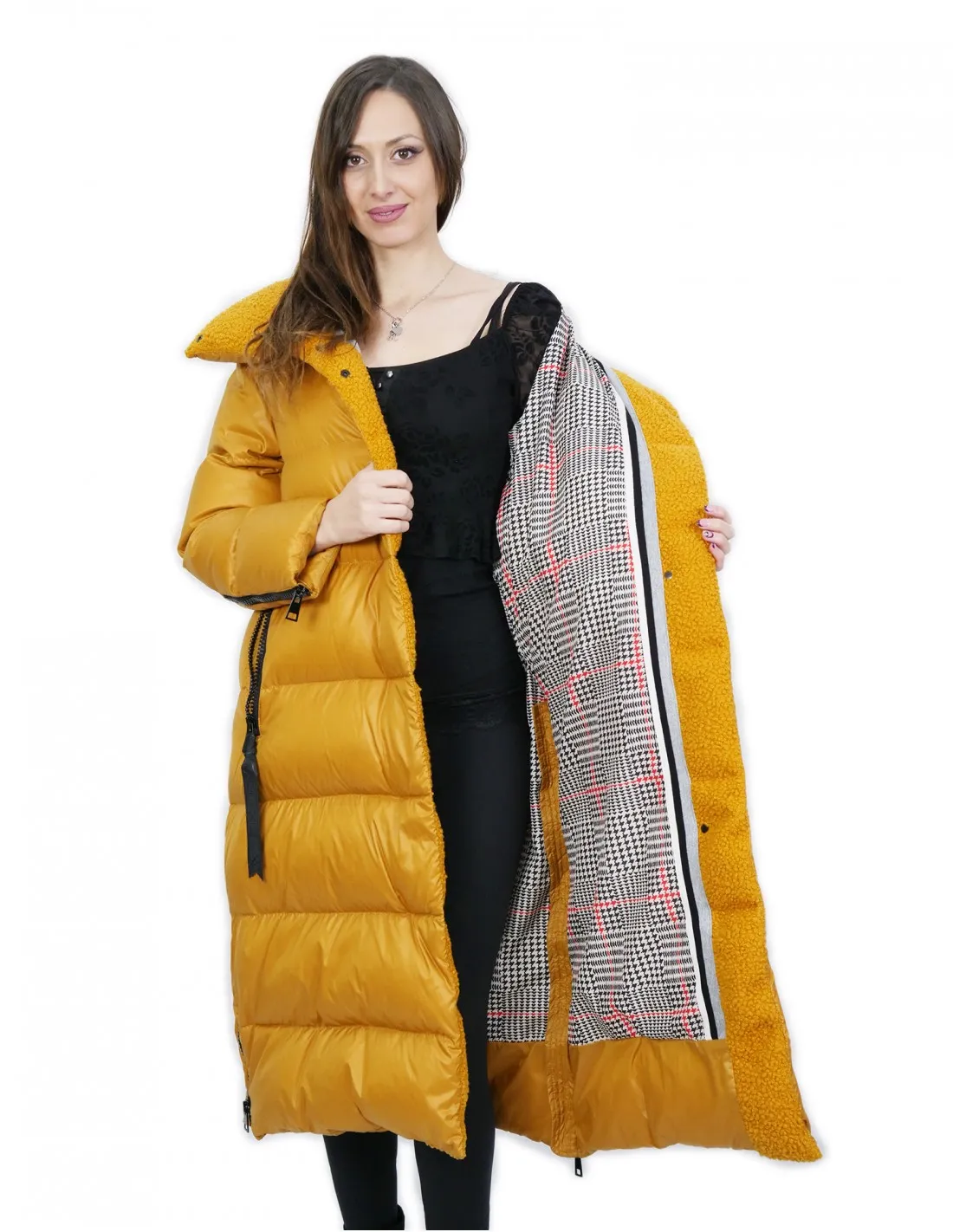 Cappotto piumino d'oca 42 giallo lungo 112 centimetri morbido elegante 
