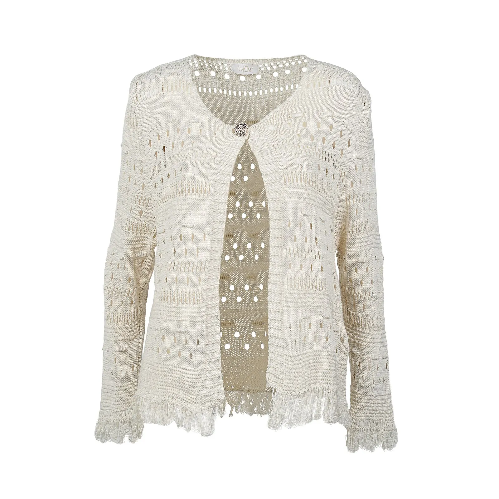 Cardigan beige con bottone e frange