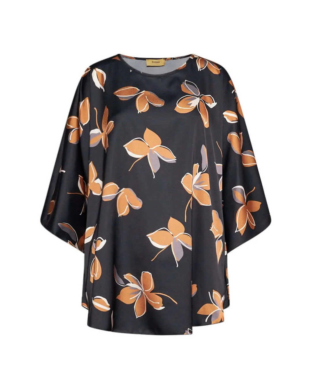 Casacca girocollo in raso con fantasia floreale multicolore e maniche kimono. NERO