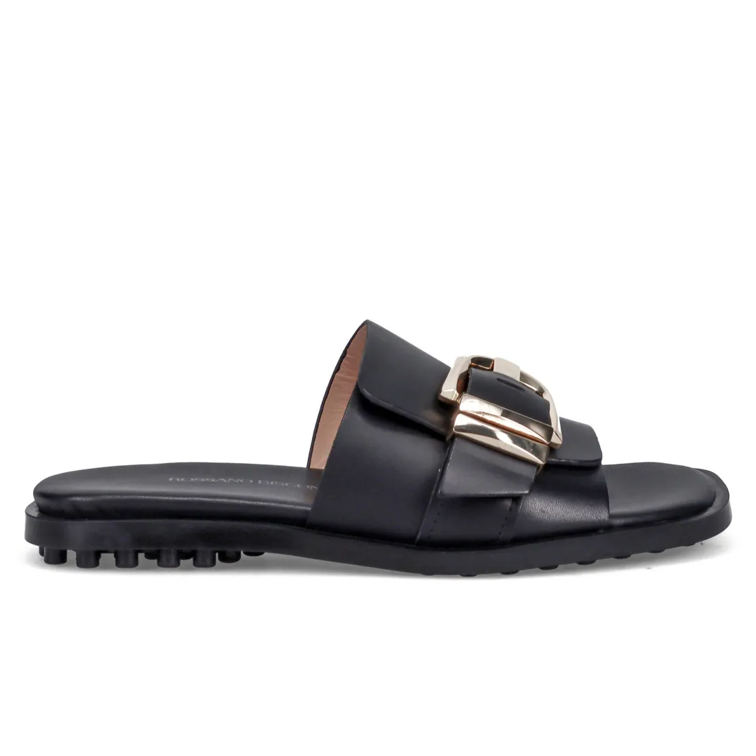Ciabattina Rossano Bisconti in pelle nera con accessorio oro