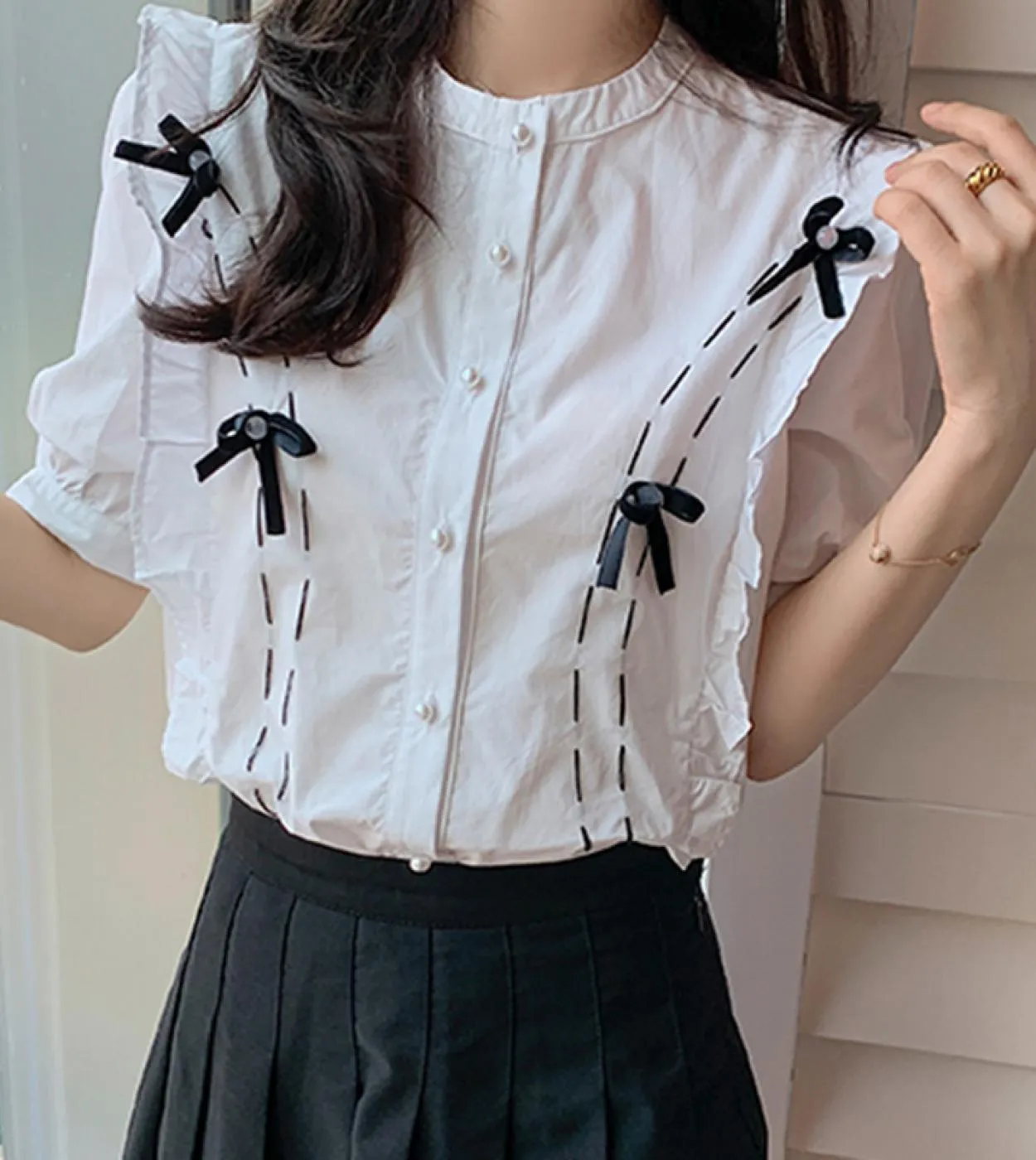 Elegante estate dolce donna top moda elegante fiocco increspato camicette bianche ufficio signora soffio manica corta camicia so