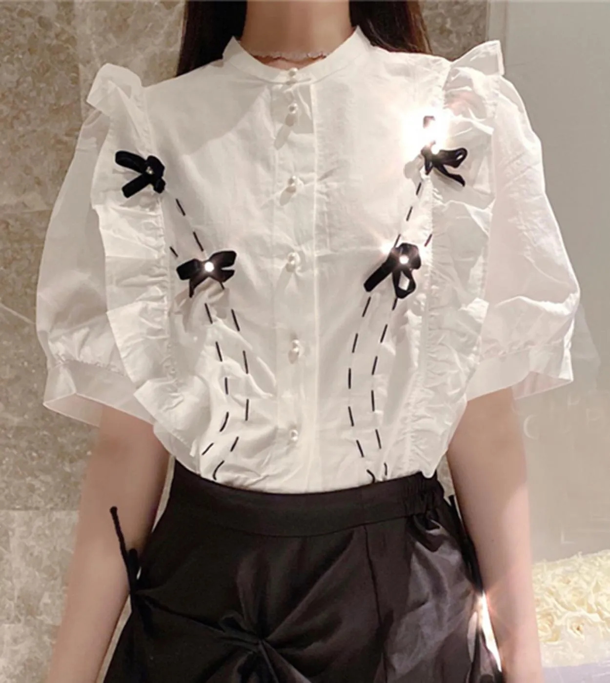 Elegante estate dolce donna top moda elegante fiocco increspato camicette bianche ufficio signora soffio manica corta camicia so