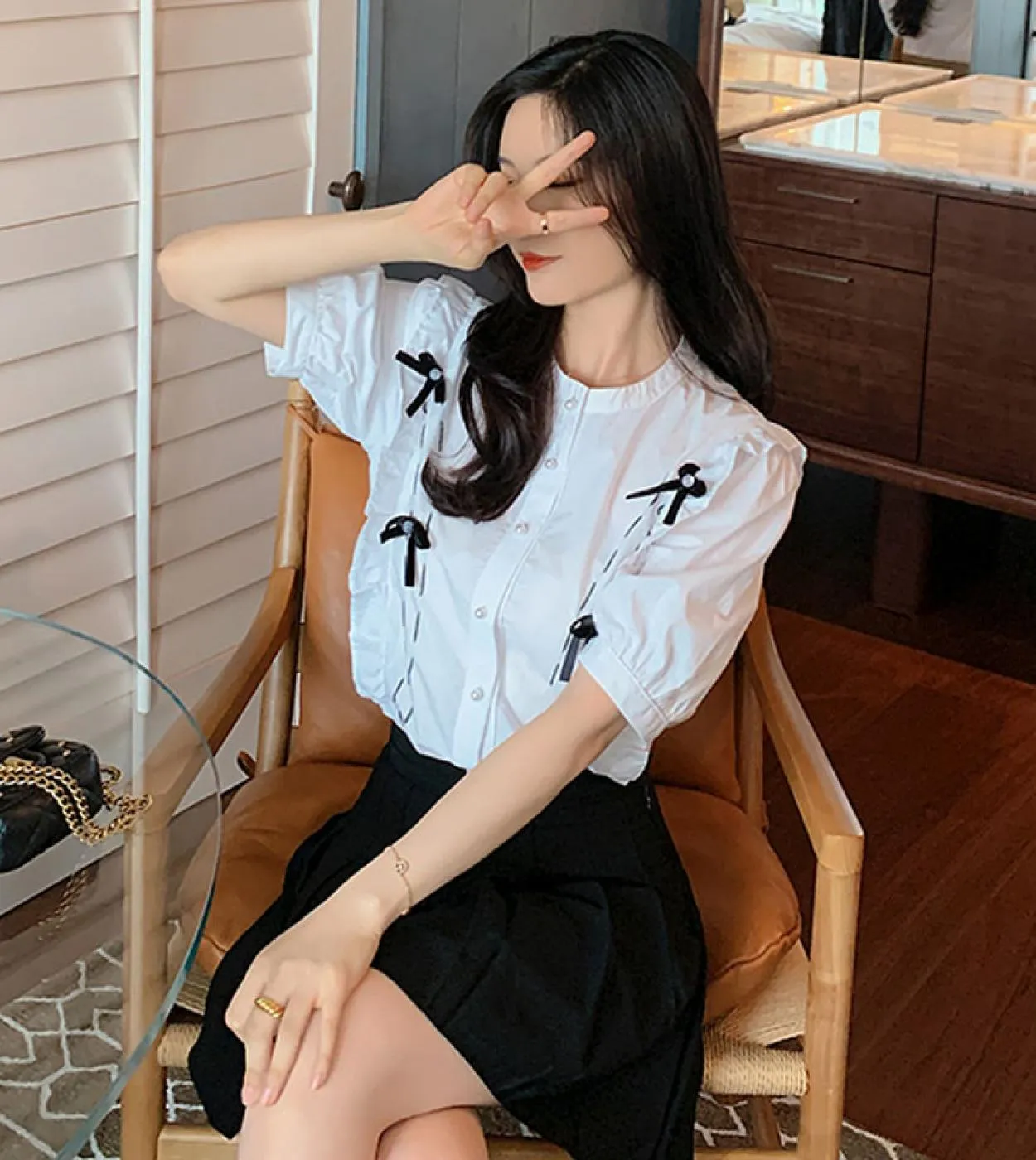 Elegante estate dolce donna top moda elegante fiocco increspato camicette bianche ufficio signora soffio manica corta camicia so