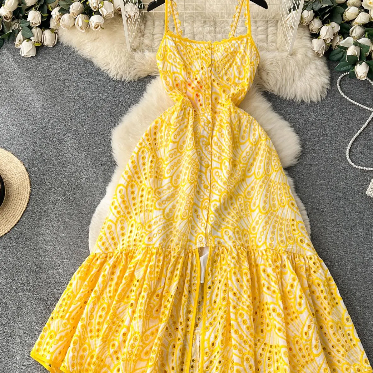 Estate Donna Vacanza Spiaggia Abito con cinturino per spaghetti Blu/giallo/bianco Monopetto Orlo con volant Abito lungo Donna Nu