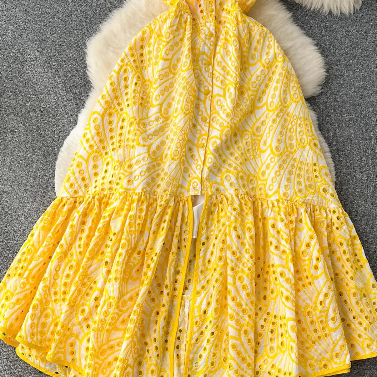 Estate Donna Vacanza Spiaggia Abito con cinturino per spaghetti Blu/giallo/bianco Monopetto Orlo con volant Abito lungo Donna Nu