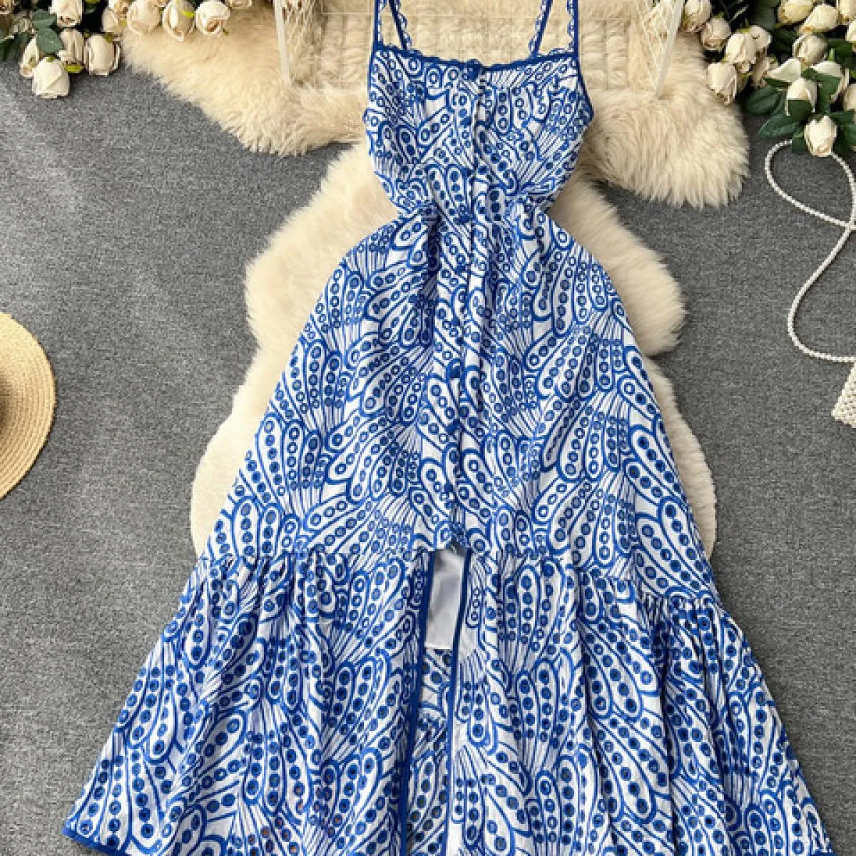Estate Donna Vacanza Spiaggia Abito con cinturino per spaghetti Blu/giallo/bianco Monopetto Orlo con volant Abito lungo Donna Nu