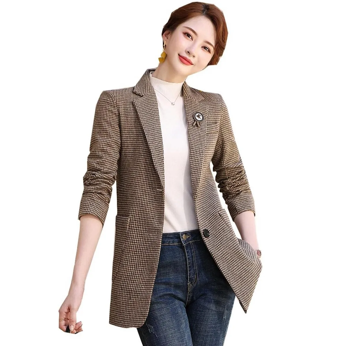 Giacca da donna blazer da donna di nuovo design alla moda di alta qualità Cappotto da caffè grigio monopetto casual da donna con