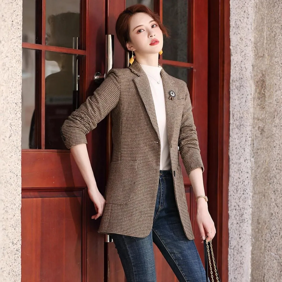 Giacca da donna blazer da donna di nuovo design alla moda di alta qualità Cappotto da caffè grigio monopetto casual da donna con