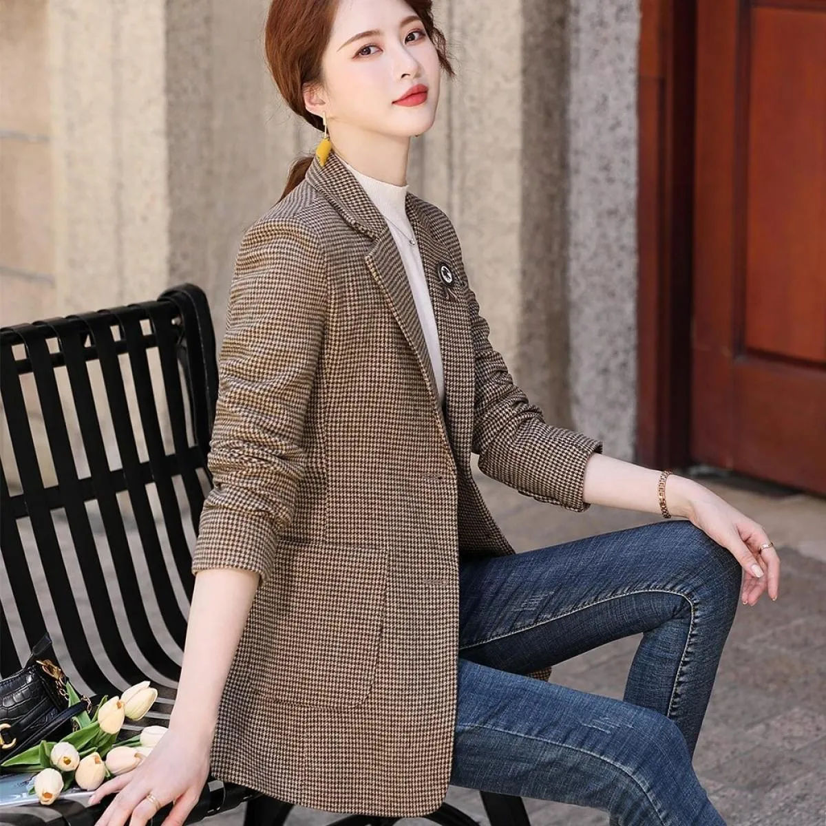 Giacca da donna blazer da donna di nuovo design alla moda di alta qualità Cappotto da caffè grigio monopetto casual da donna con