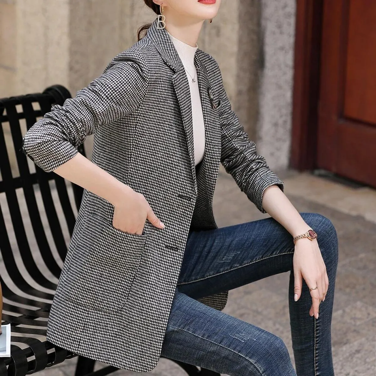 Giacca da donna blazer da donna di nuovo design alla moda di alta qualità Cappotto da caffè grigio monopetto casual da donna con