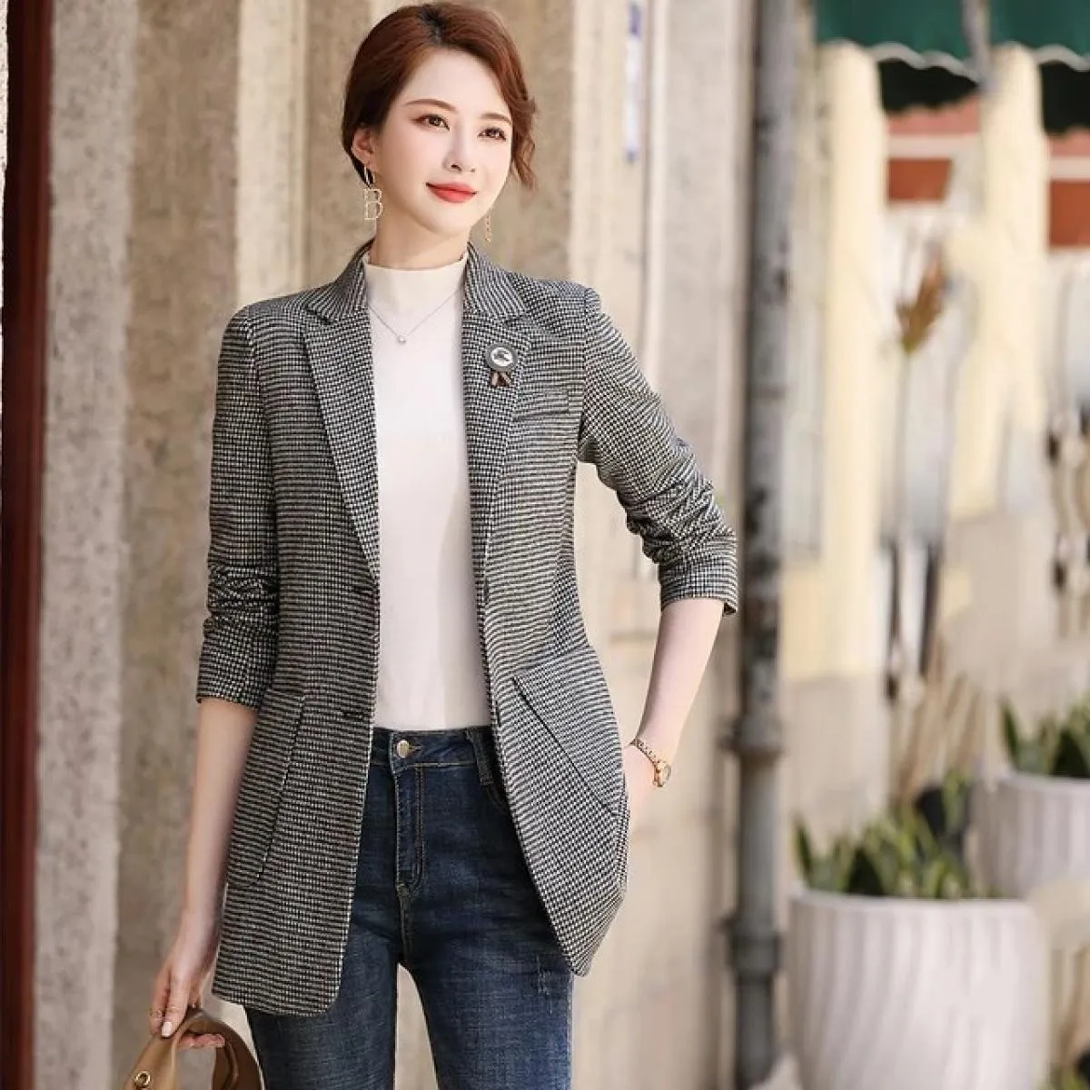 Giacca da donna blazer da donna di nuovo design alla moda di alta qualità Cappotto da caffè grigio monopetto casual da donna con