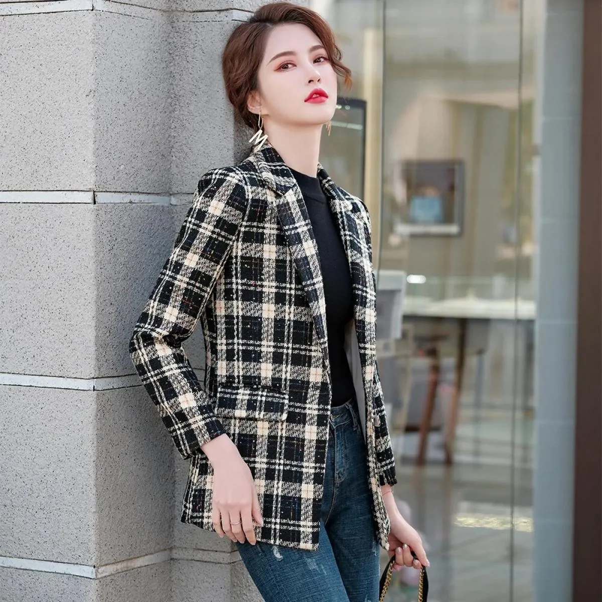 Giacca sportiva casual da donna di nuova moda di arrivo femminile giallo verde albicocca cappotto scozzese giacca da donna con b