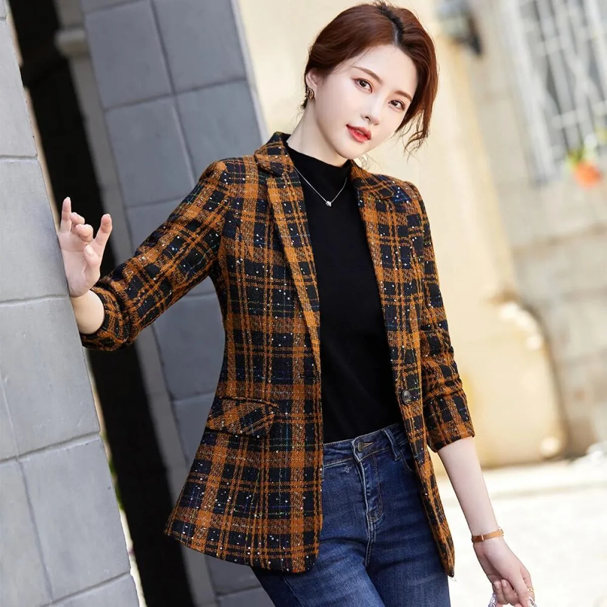Giacca sportiva casual da donna di nuova moda di arrivo femminile giallo verde albicocca cappotto scozzese giacca da donna con b