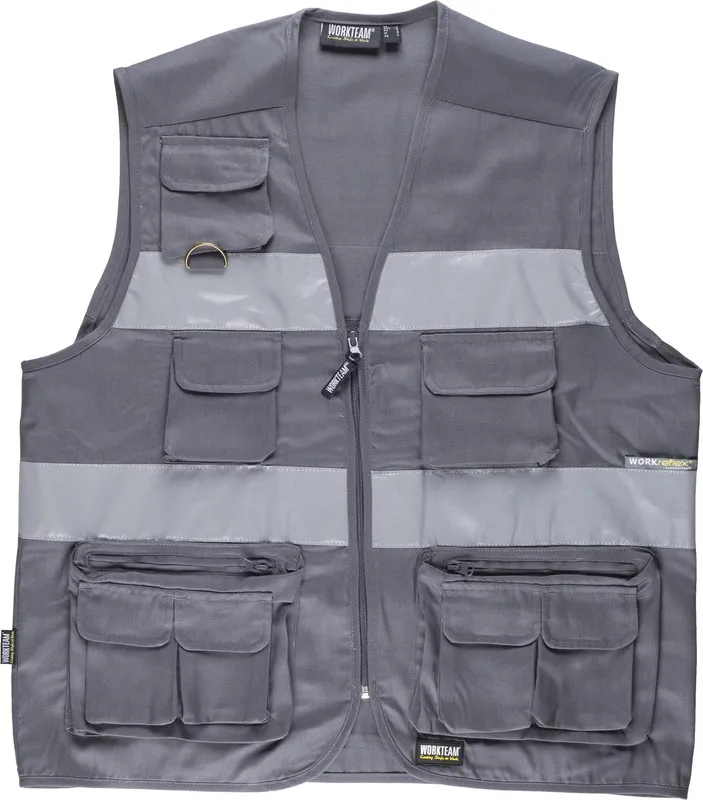Gilet safari multitasche con 2 nastri riflettenti grigi