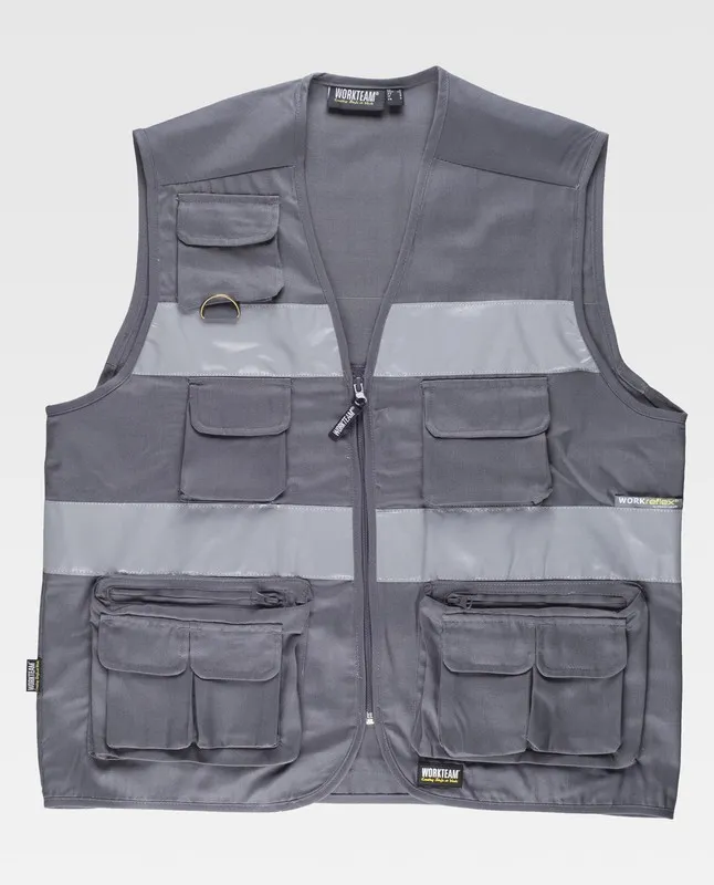 Gilet safari multitasche con 2 nastri riflettenti grigi