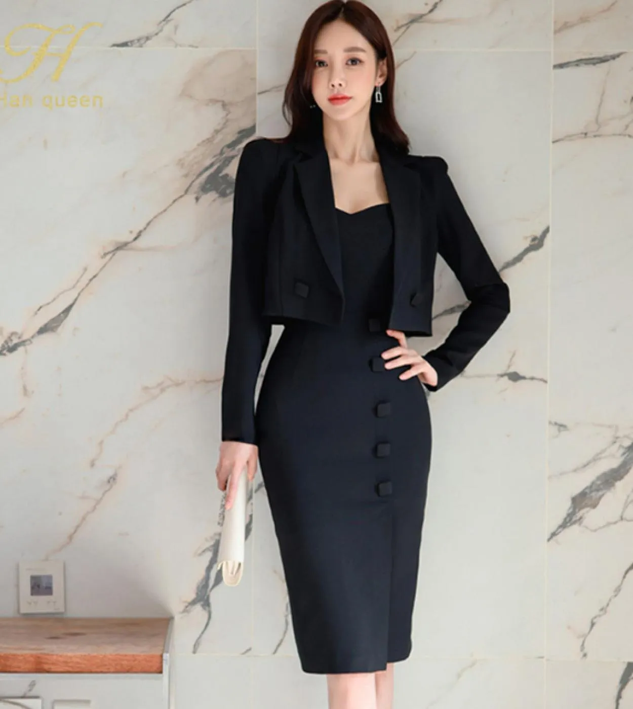 H Han Queen 2022 Abiti estivi 2 pezzi Cappotto e bretelle Abito professionale da donna Abito tubino tubino