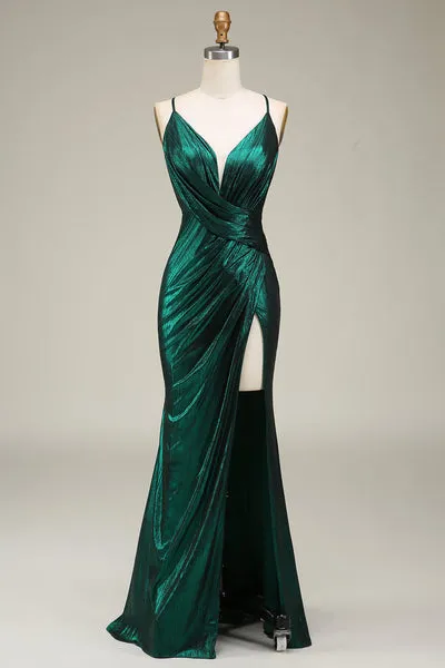 Hot Mermaid Spaghetti Straps Verde scuro Abito da ballo lungo con schiena aperta