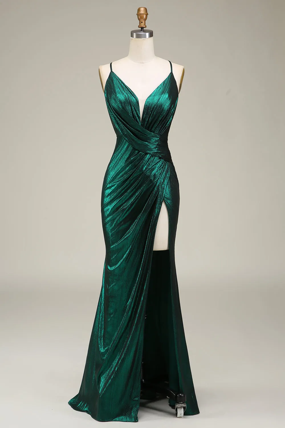 Hot Mermaid Spaghetti Straps Verde scuro Abito da ballo lungo con schiena aperta