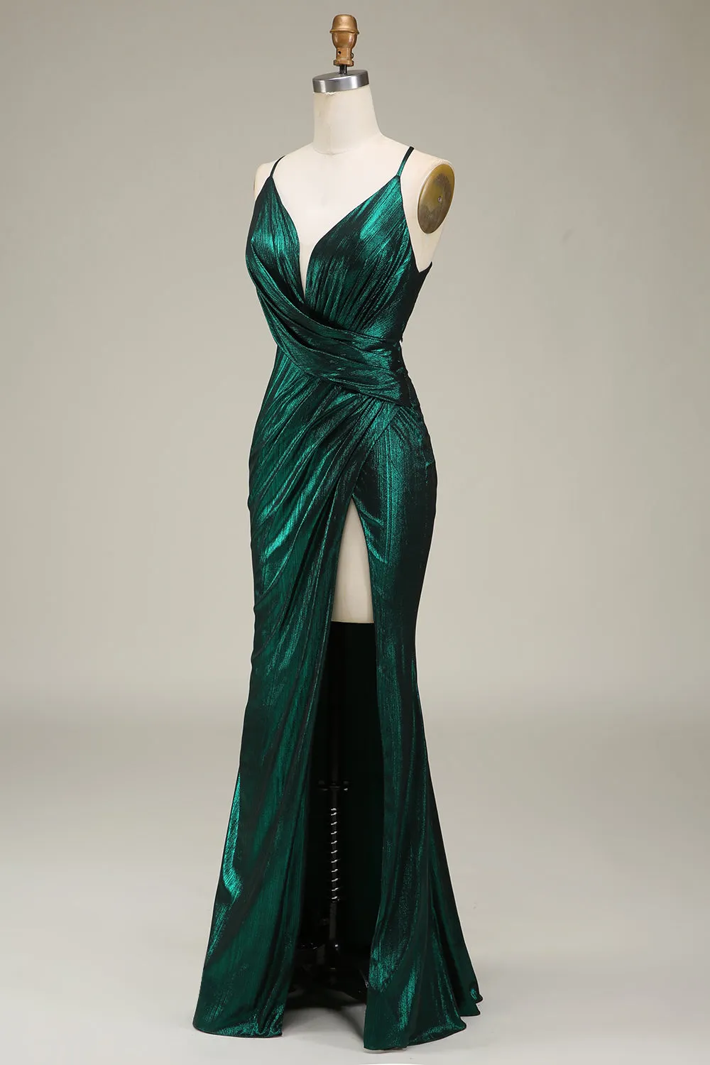 Hot Mermaid Spaghetti Straps Verde scuro Abito da ballo lungo con schiena aperta