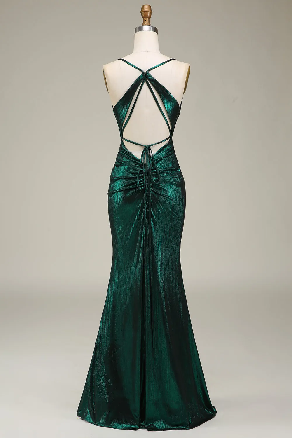 Hot Mermaid Spaghetti Straps Verde scuro Abito da ballo lungo con schiena aperta
