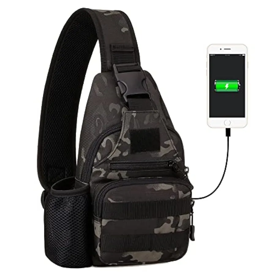 HUNTVP® Borsa Petto Tattico con USB Ricaricabile Porta Bottiglia Militare Zaino Monospalla Uomo Borsello a Tracolla Molle per Ca