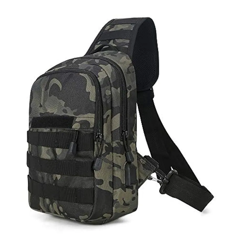 HUNTVP® Borsa Petto Tattico con USB Ricaricabile Porta Bottiglia Militare Zaino Monospalla Uomo Borsello a Tracolla Molle per Ca