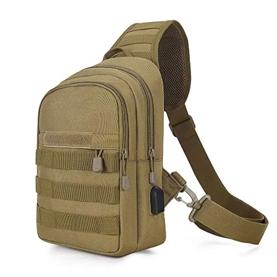 HUNTVP® Borsa Petto Tattico con USB Ricaricabile Porta Bottiglia Militare Zaino Monospalla Uomo Borsello a Tracolla Molle per Ca