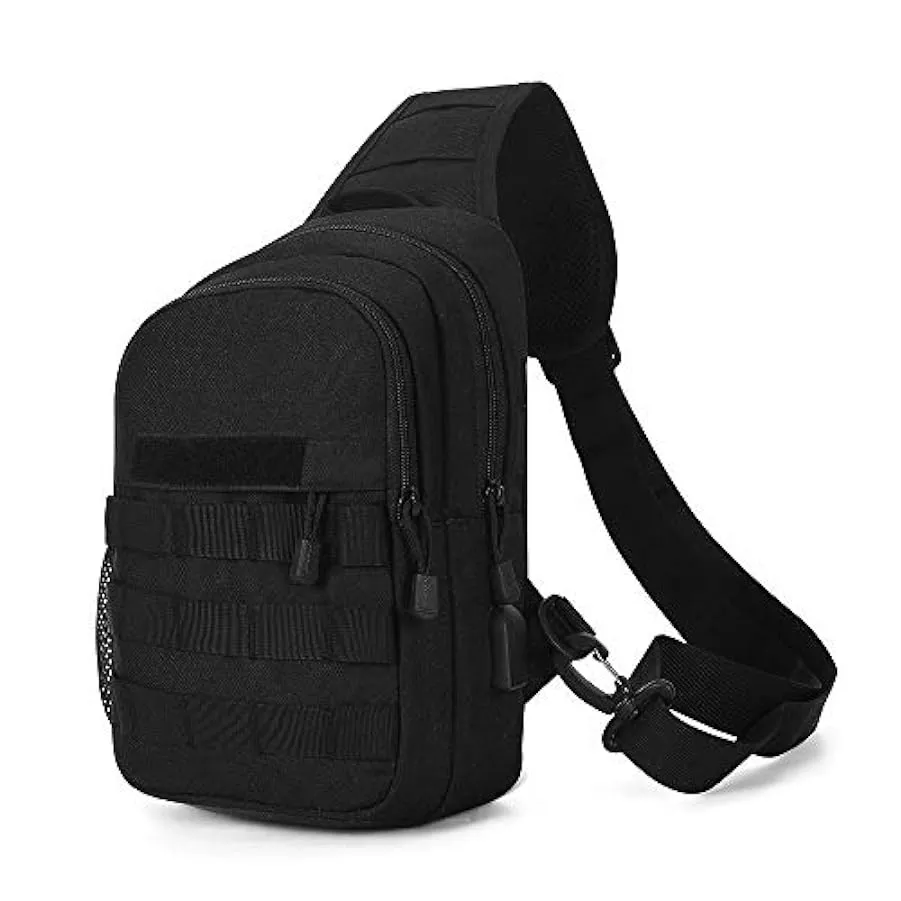 HUNTVP® Borsa Petto Tattico con USB Ricaricabile Porta Bottiglia Militare Zaino Monospalla Uomo Borsello a Tracolla Molle per Ca