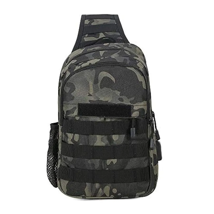 HUNTVP® Borsa Petto Tattico con USB Ricaricabile Porta Bottiglia Militare Zaino Monospalla Uomo Borsello a Tracolla Molle per Ca