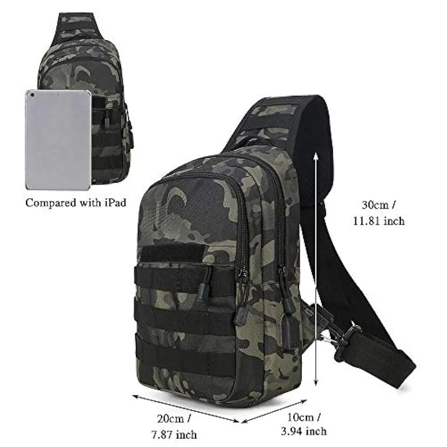 HUNTVP® Borsa Petto Tattico con USB Ricaricabile Porta Bottiglia Militare Zaino Monospalla Uomo Borsello a Tracolla Molle per Ca