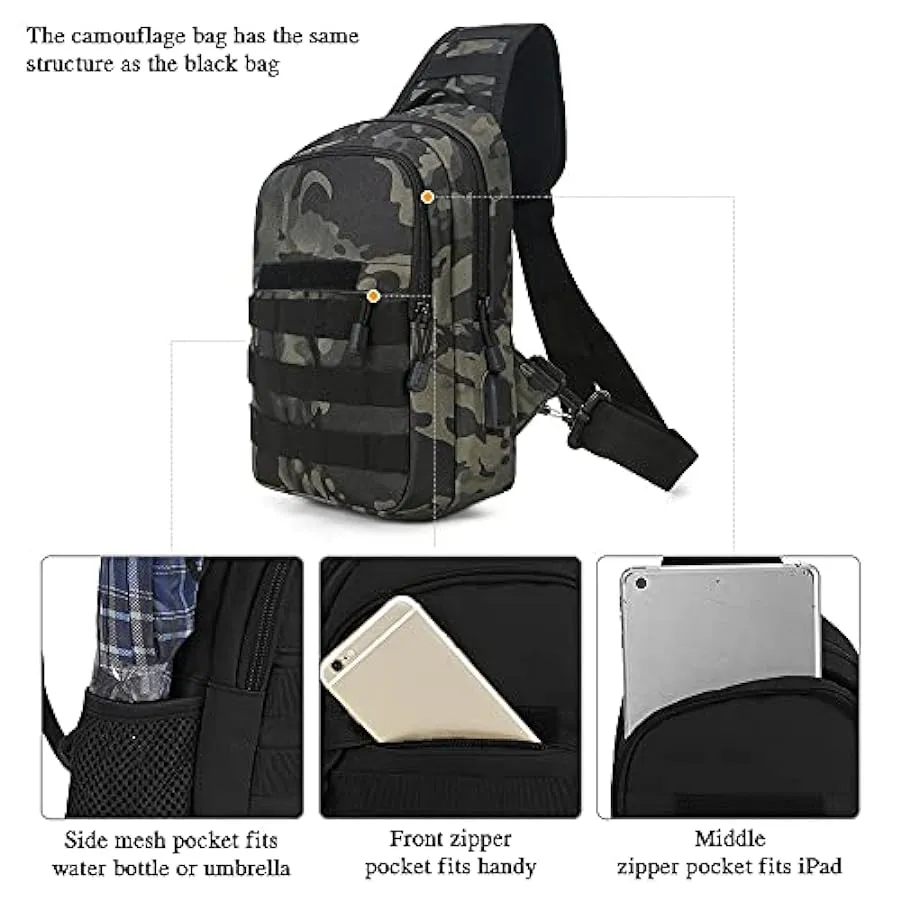 HUNTVP® Borsa Petto Tattico con USB Ricaricabile Porta Bottiglia Militare Zaino Monospalla Uomo Borsello a Tracolla Molle per Ca