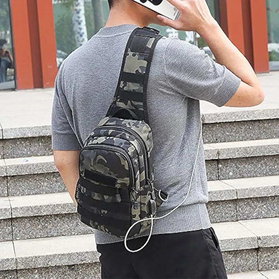 HUNTVP® Borsa Petto Tattico con USB Ricaricabile Porta Bottiglia Militare Zaino Monospalla Uomo Borsello a Tracolla Molle per Ca