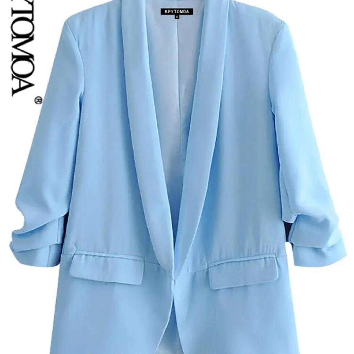 Kpytomoa Donna Moda Abbigliamento da ufficio Blazer di base Cappotto Vintage Tasche a maniche lunghe pieghettate Capispalla femm
